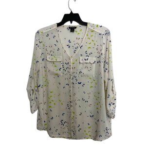 Nue Options Lightweight Button Up Pocket Top With Butterfly Print Blouse